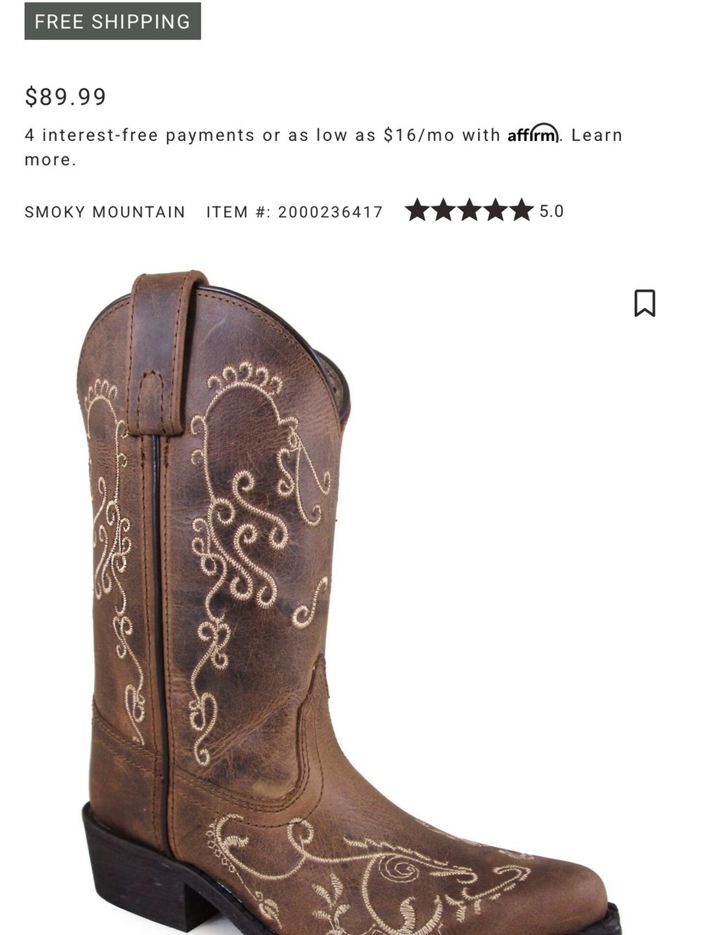 Smoky Mountain Kids Brown Embroidered Western Boot